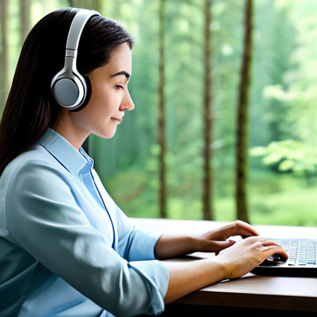 A serene individual, professionally dressed in modest business casual attire, seated calmly at a modern desk with a laptop, wearing discreet headphones. A large window behind them offers a soft, blurred view of a lush green forest, suggesting a connection to nature. The overall atmosphere is one of focused tranquility and a personal sanctuary. Fully clothed, appropriate attire, safe for work, perfect anatomy, natural proportions, professional dress, well-formed hands, proper finger count, natural body proportions, professional photography, high quality, family-friendly, appropriate content.