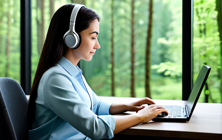 A serene individual, professionally dressed in modest business casual attire, seated calmly at a modern desk with a laptop, wearing discreet headphones. A large window behind them offers a soft, blurred view of a lush green forest, suggesting a connection to nature. The overall atmosphere is one of focused tranquility and a personal sanctuary. Fully clothed, appropriate attire, safe for work, perfect anatomy, natural proportions, professional dress, well-formed hands, proper finger count, natural body proportions, professional photography, high quality, family-friendly, appropriate content.