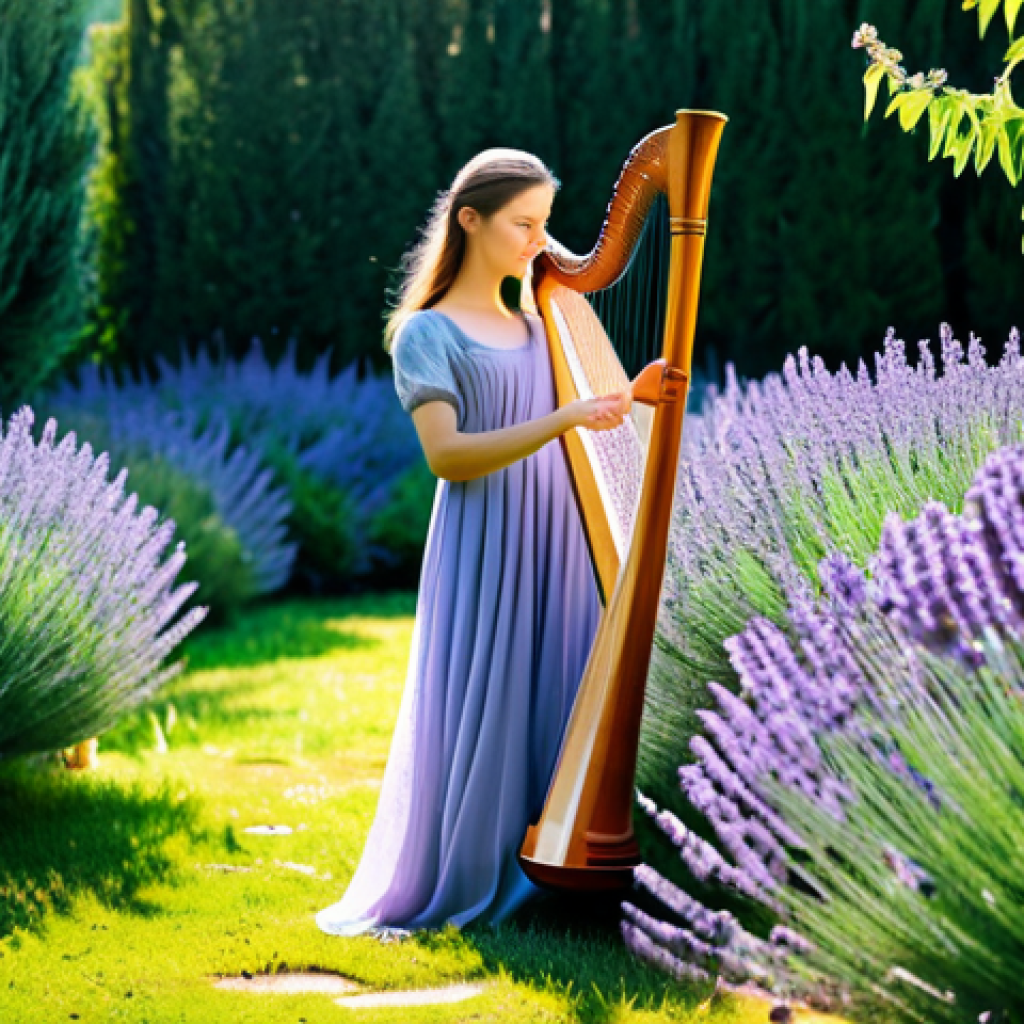 Serene Musician**

"A fully clothed woman playing a harp in a sunlit garden, surrounded by lavender bushes, wearing a modest flowing dress, appropriate attire, safe for work, perfect anatomy, correct proportions, natural pose, professional photography, high quality, family-friendly, evoking calm and serenity, inspired by French impressionism."

**