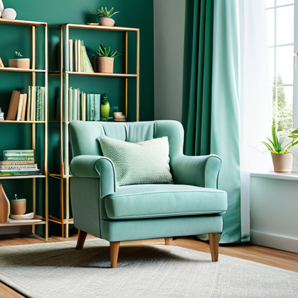 Tranquil Home Sanctuary**
"A cozy and inviting living room, decorated in pastel blues and greens, filled with lush green plants, appropriate attire, safe for work, perfect anatomy, natural proportions, professional photography, high quality, fully clothed, modest setting. A comfortable armchair sits next to a bookshelf filled with books, soft lamp light, diffuser with essential oils emitting a gentle mist, family-friendly."
**