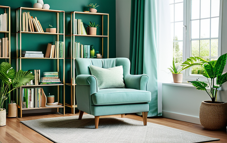 Tranquil Home Sanctuary**
"A cozy and inviting living room, decorated in pastel blues and greens, filled with lush green plants, appropriate attire, safe for work, perfect anatomy, natural proportions, professional photography, high quality, fully clothed, modest setting. A comfortable armchair sits next to a bookshelf filled with books, soft lamp light, diffuser with essential oils emitting a gentle mist, family-friendly."
**