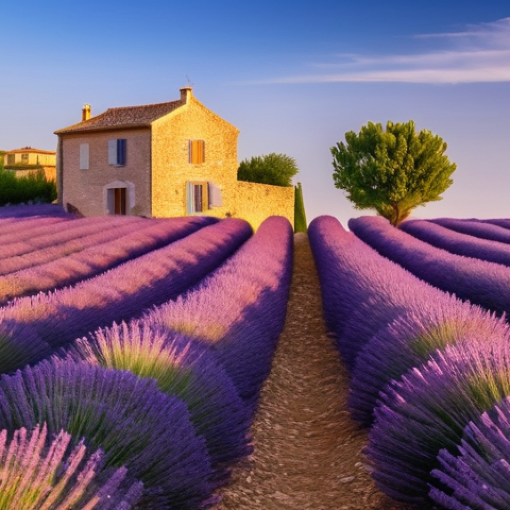 스트레스 해소를 위한 여행지 자연 휴식처 - **"A tranquil scene in the French Provence at golden hour. Rolling lavender fields in full bloom str...