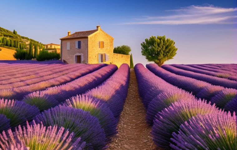 스트레스 해소를 위한 여행지 자연 휴식처 - **"A tranquil scene in the French Provence at golden hour. Rolling lavender fields in full bloom str...