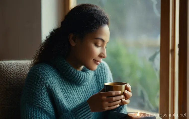스트레스 해소법에 좋은 차 - **Prompt:** A serene individual, modestly dressed in a soft, knitted sweater and comfortable trouser...