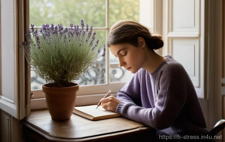 스트레스 해소를 위한 감정 표현법 - **Prompt:** A serene young French woman, early 30s, sitting comfortably at a small, elegant wooden d...