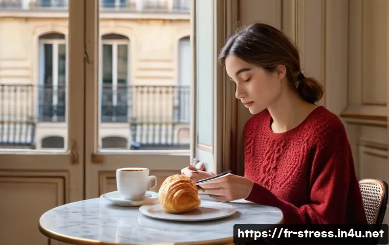 스트레스 해소를 위한 사소한 행복 찾기 - **A Serene Parisian Morning Ritual**
    An elegant, naturally lit scene inside a classic Parisian a...