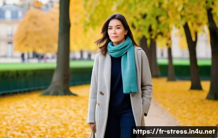 스트레스 해소를 위한 가벼운 산책 - **Prompt:** A serene woman in her late 30s is walking mindfully through the historic Jardin du Luxem...