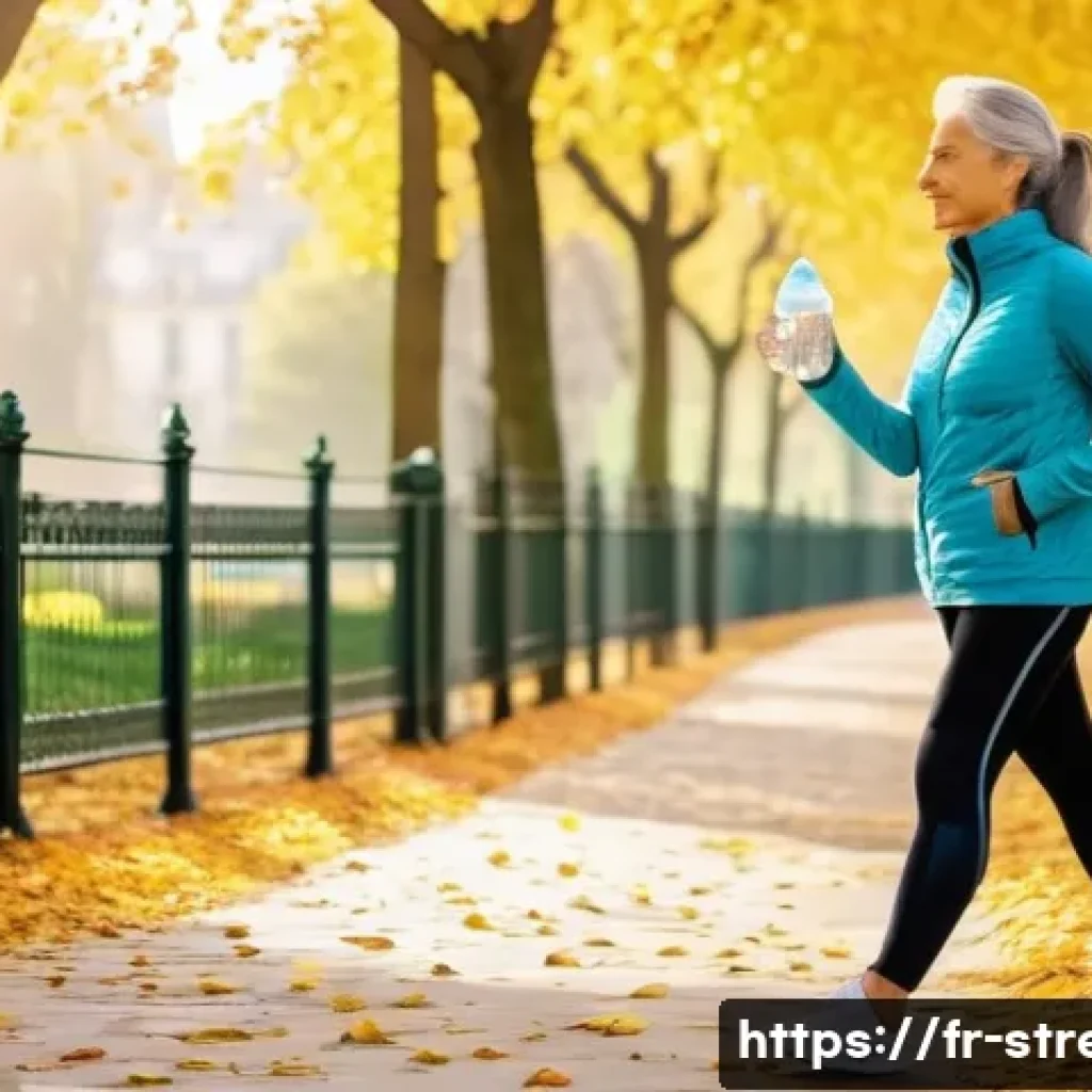 스트레스 해소를 위한 운동 - A serene early morning scene in a lush city park in Paris, featuring a middle-aged woman in comforta...