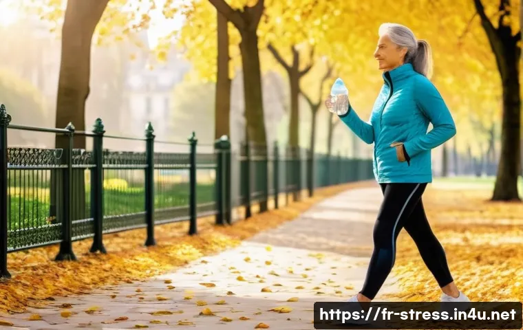 스트레스 해소를 위한 운동 - A serene early morning scene in a lush city park in Paris, featuring a middle-aged woman in comforta...