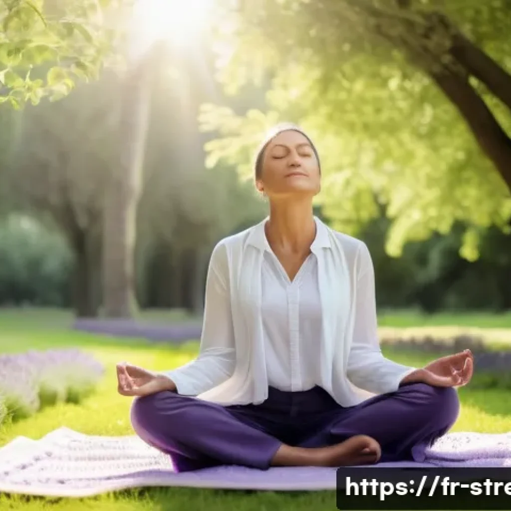 스트레스 해소법 몸과 마음을 하나로 - A serene woman practicing mindful breathing outdoors in a lush French park during early morning, sit...