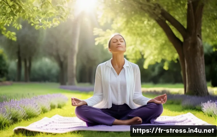 스트레스 해소법 몸과 마음을 하나로 - A serene woman practicing mindful breathing outdoors in a lush French park during early morning, sit...