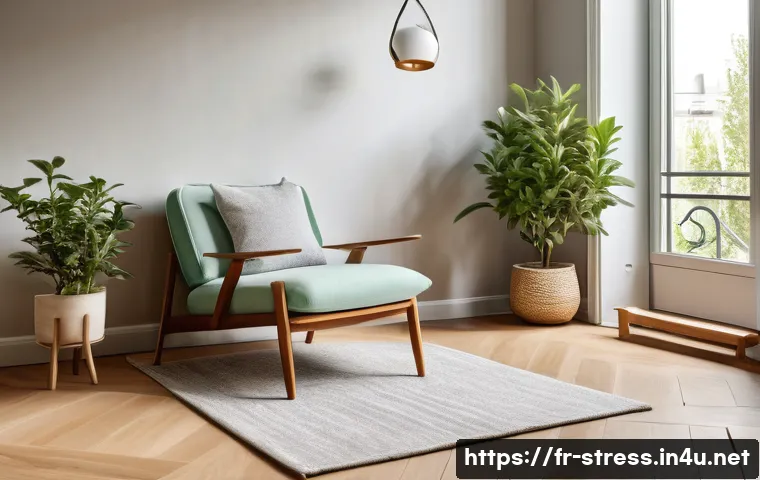 스트레스 해소를 위한 자원 활용 - A serene indoor meditation corner in a modern French apartment, featuring a comfortable armchair wit...