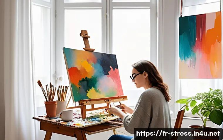 스트레스 해소를 위한 자신만의 취미 찾기 - A peaceful indoor scene of a cozy creative workspace in a bright Parisian apartment, featuring an ea...