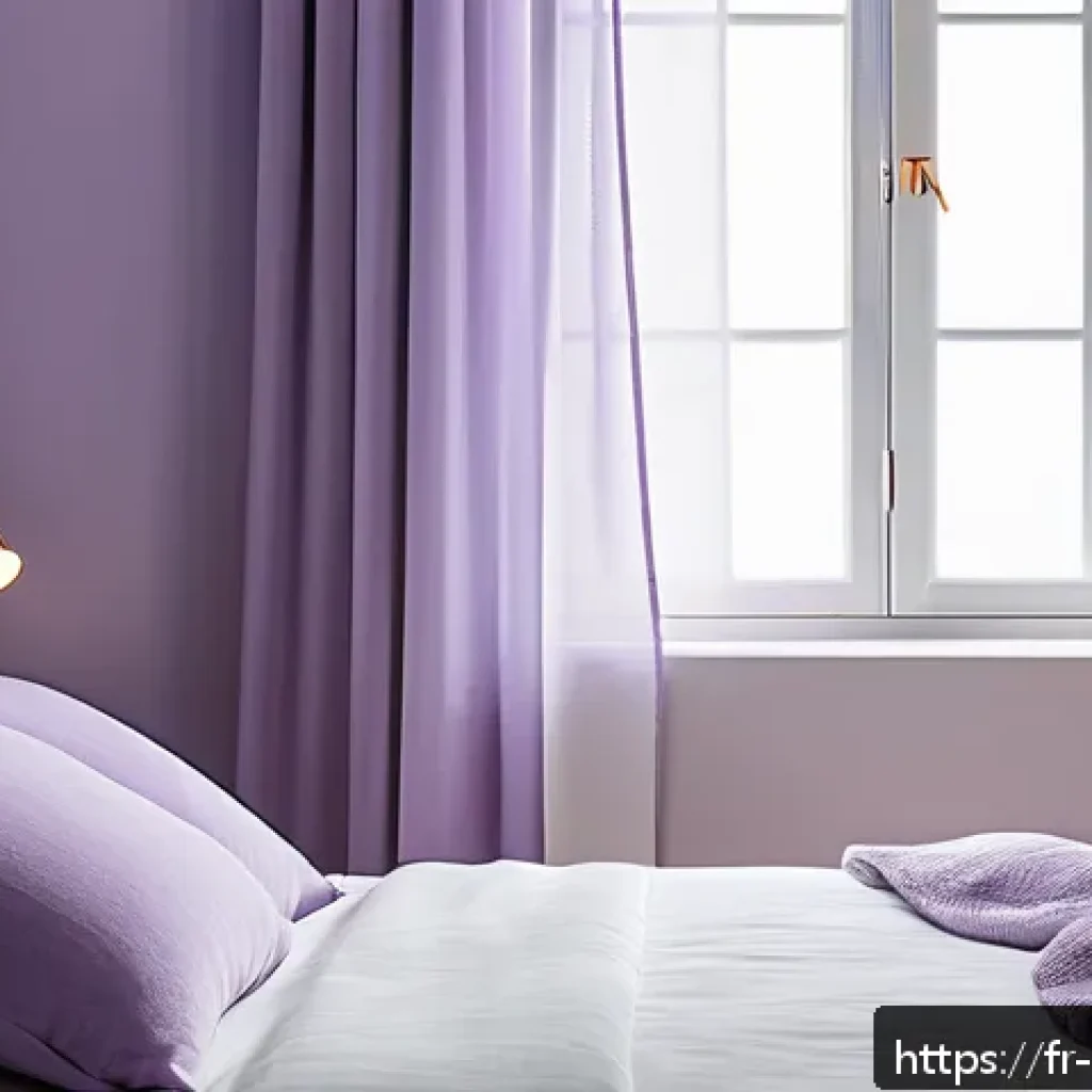 자기 전 스트레스 해소법 - A cozy, softly lit bedroom designed for relaxation, featuring pastel-colored walls in gentle lavende...