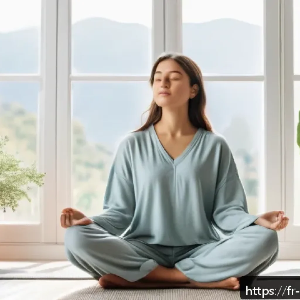 스트레스 해소를 위한 긍정적 에너지 - A serene morning scene featuring a young adult woman sitting cross-legged on a cozy bedroom floor, e...