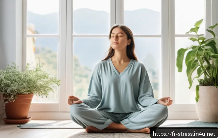 스트레스 해소를 위한 긍정적 에너지 - A serene morning scene featuring a young adult woman sitting cross-legged on a cozy bedroom floor, e...