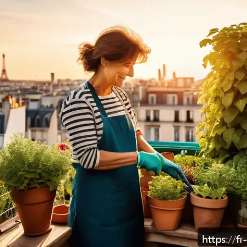 스트레스 해소를 위한 가벼운 활동 - A serene urban garden balcony scene at golden hour, featuring a middle-aged French woman tending to ...