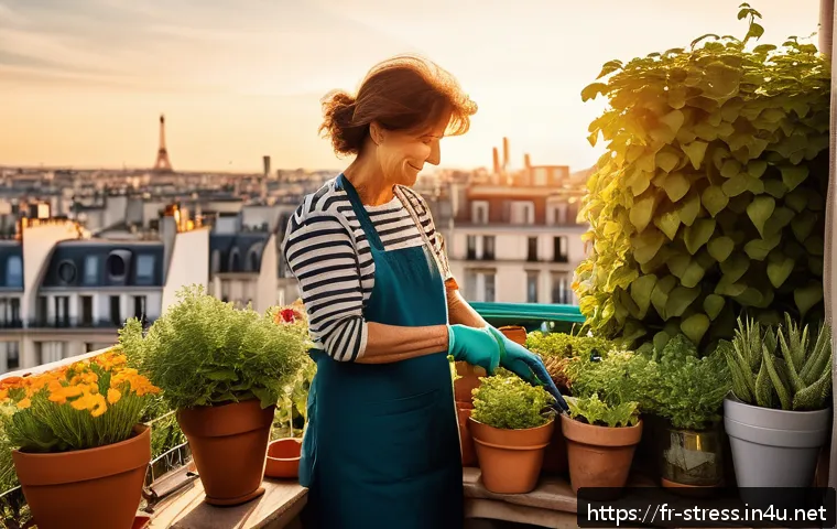 스트레스 해소를 위한 가벼운 활동 - A serene urban garden balcony scene at golden hour, featuring a middle-aged French woman tending to ...