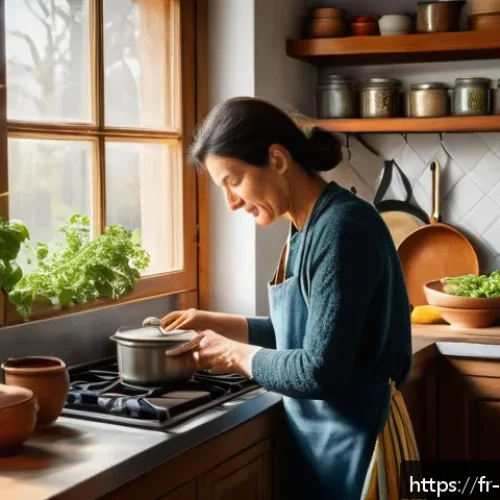 스트레스 해소법  자극적인 음식을 피하기 - A cozy French kitchen scene featuring a middle-aged woman preparing a meal with mild spices like cin...