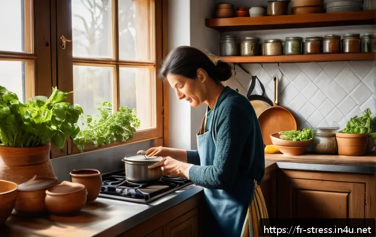 스트레스 해소법  자극적인 음식을 피하기 - A cozy French kitchen scene featuring a middle-aged woman preparing a meal with mild spices like cin...