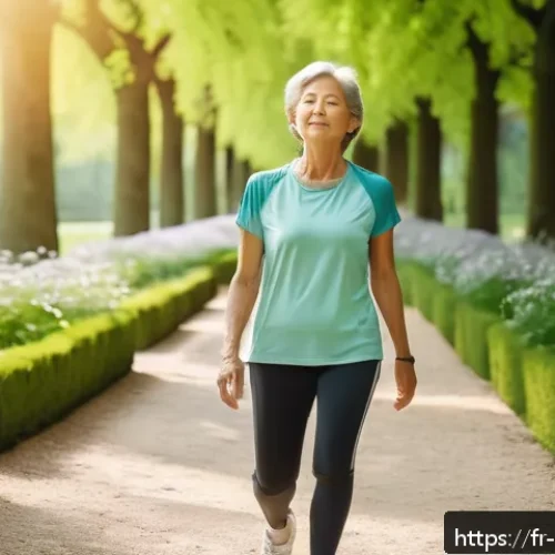 스트레스 해소를 위한 신체적 활동 - A serene scene of a middle-aged woman practicing mindful walking in a lush Parisian park during earl...