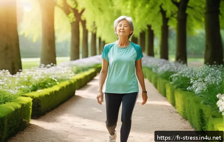 스트레스 해소를 위한 신체적 활동 - A serene scene of a middle-aged woman practicing mindful walking in a lush Parisian park during earl...
