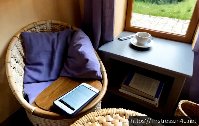 스트레스 해소를 위한 디지털 디톡스 - Photorealistic peaceful digital detox scene in a sunlit French countryside cottage, a smartphone pla...